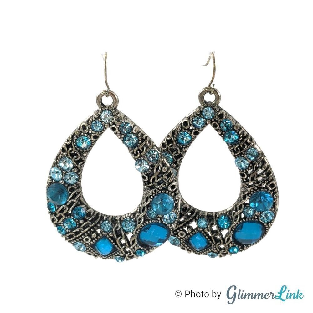 Blue & Silver Tone Jeweled Teardrop Hoop Dangle Earrings